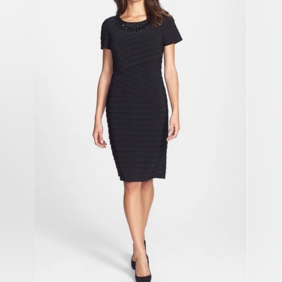 Adrianna Papell Black Beaded Neckline Sheath Dress Size 6